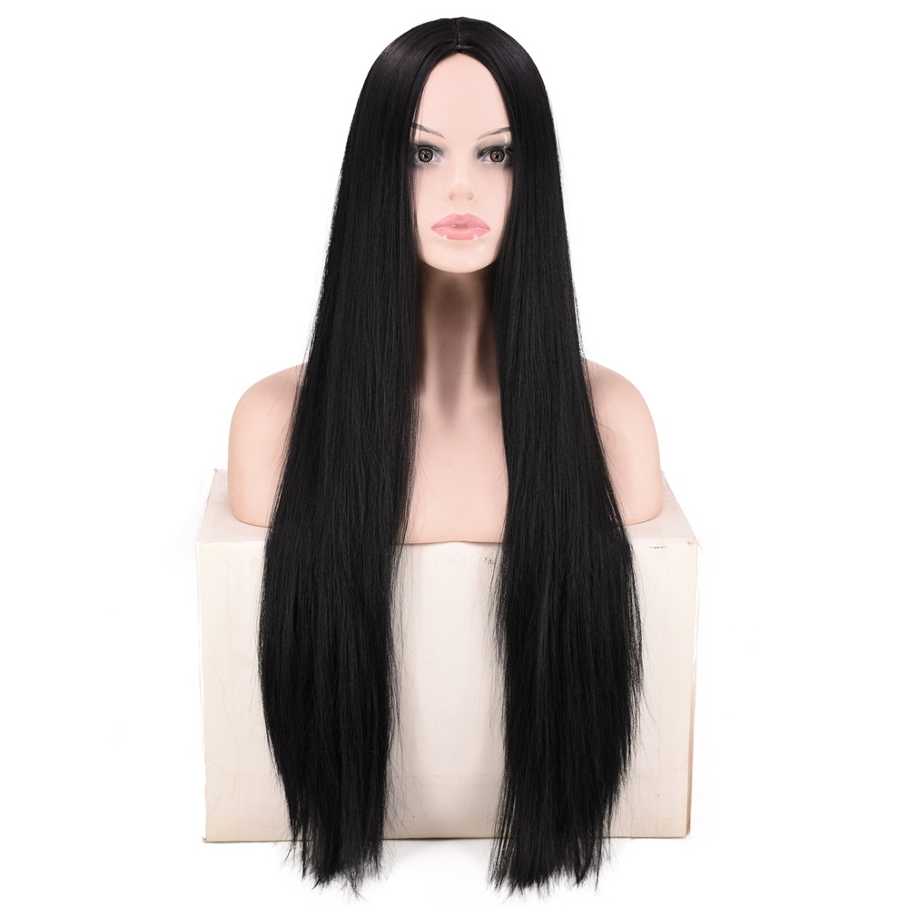 Foreign Trade Best Seller in Europe and America African Wig Female Natural Black Center-Parted Bangs Long Straight Hair Wig Head Cover Factory Direct Sales Foreign Trade Best Seller in Europe and America African Wig Female Natural Black Center-Parted Bangs Long Straight Hair Wig Head Cover Factory Direct Sales