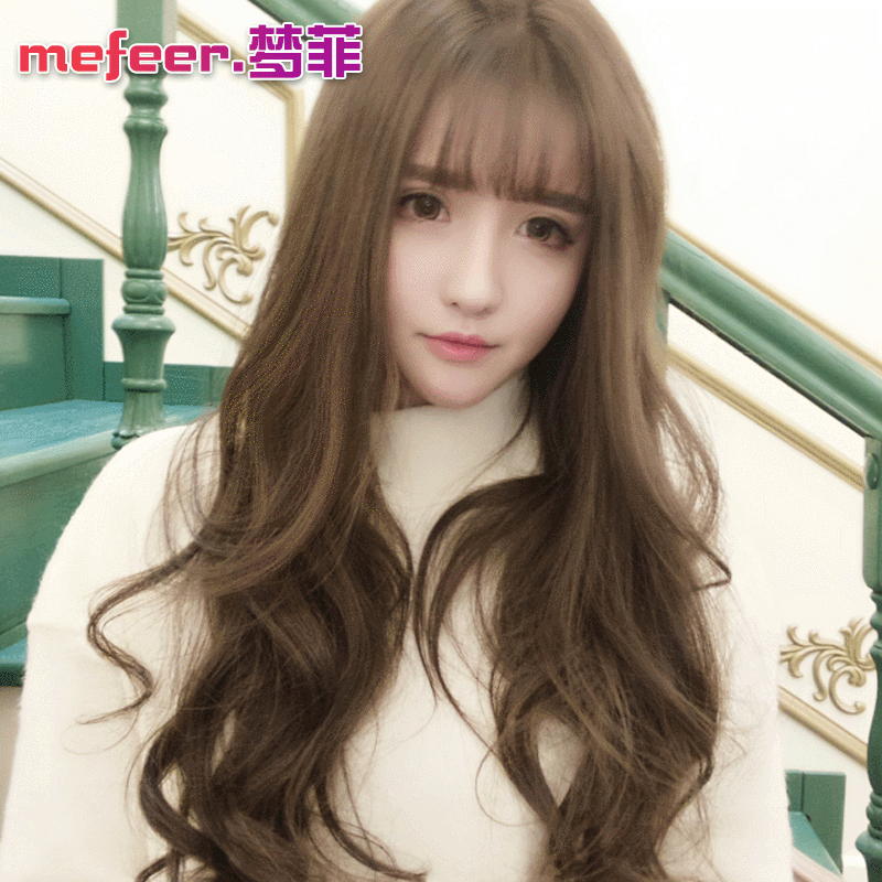 Mengfei Internet Celebrity Wig Female Long Curly Hair Big Wave Thin Air Bangs Wig Sheath Full-Head Wig Wholesale Wigs