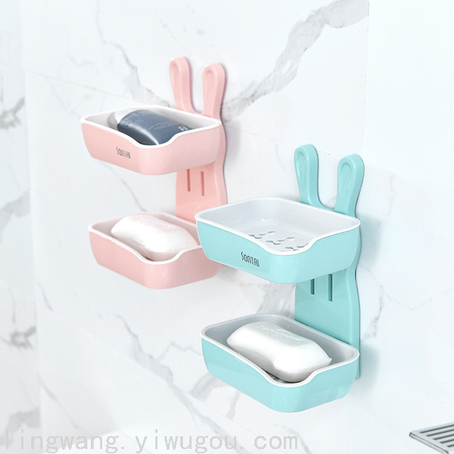 Fashion Creative Little Bunny Double-Layer Soap Box Simple and Convenient Punch-Free No Trace Stickers Home Bathroom Soap Dish Soap Box