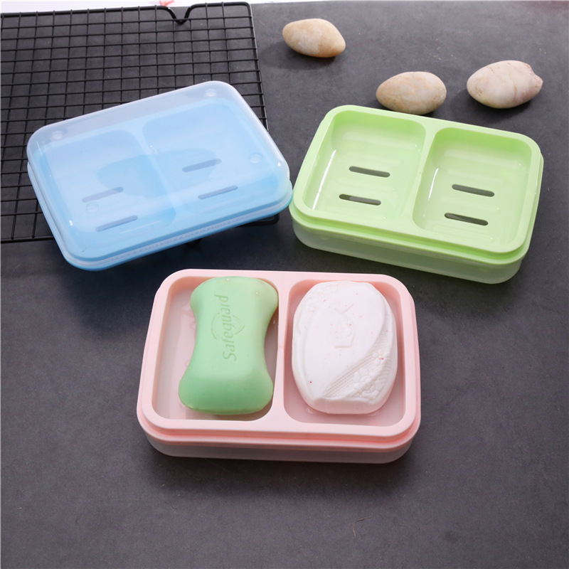 Double-Bit Double-Body Soap Box Double-Grid Plastic Soap Box Soap Box Drain with Cover Pp Soap Holder Soap Dish Soap Box
