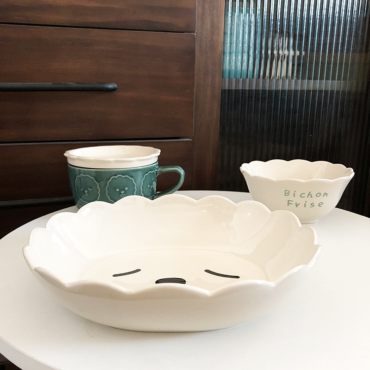 Japanese Cartoon Ceramic Plate Bowl Cute Sheep Soup Plate Children's Dinner Plate Rice Bowl Cup with Cover Household Salad Dish