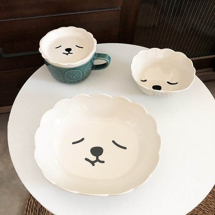 Japanese Cartoon Ceramic Plate Bowl Cute Sheep Soup Plate Children's Dinner Plate Rice Bowl Cup with Cover Household Salad Dish