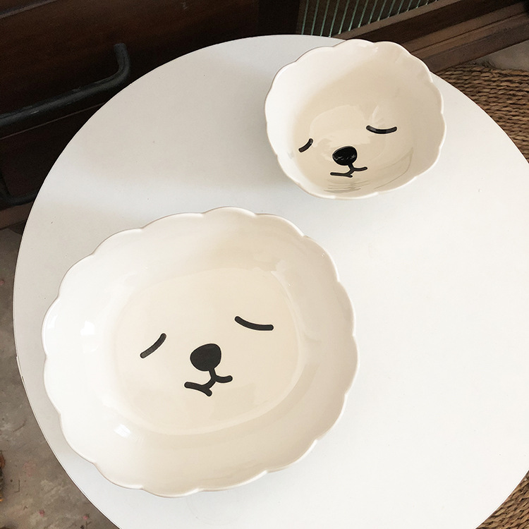 Japanese Cartoon Ceramic Plate Bowl Cute Sheep Soup Plate Children's Dinner Plate Rice Bowl Cup with Cover Household Salad Dish