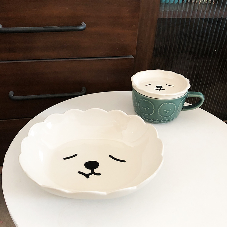 Japanese Cartoon Ceramic Plate Bowl Cute Sheep Soup Plate Children's Dinner Plate Rice Bowl Cup with Cover Household Salad Dish