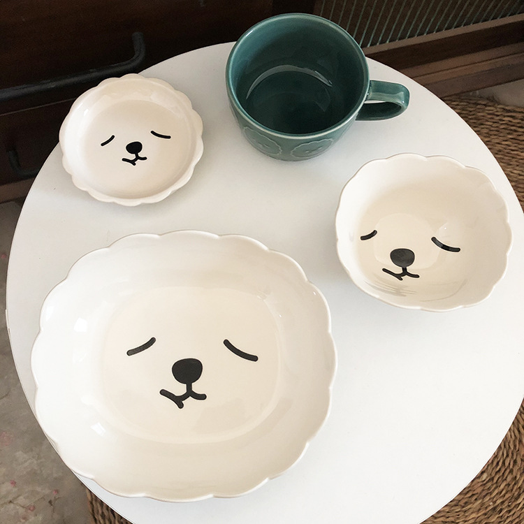 Japanese Cartoon Ceramic Plate Bowl Cute Sheep Soup Plate Children's Dinner Plate Rice Bowl Cup with Cover Household Salad Dish