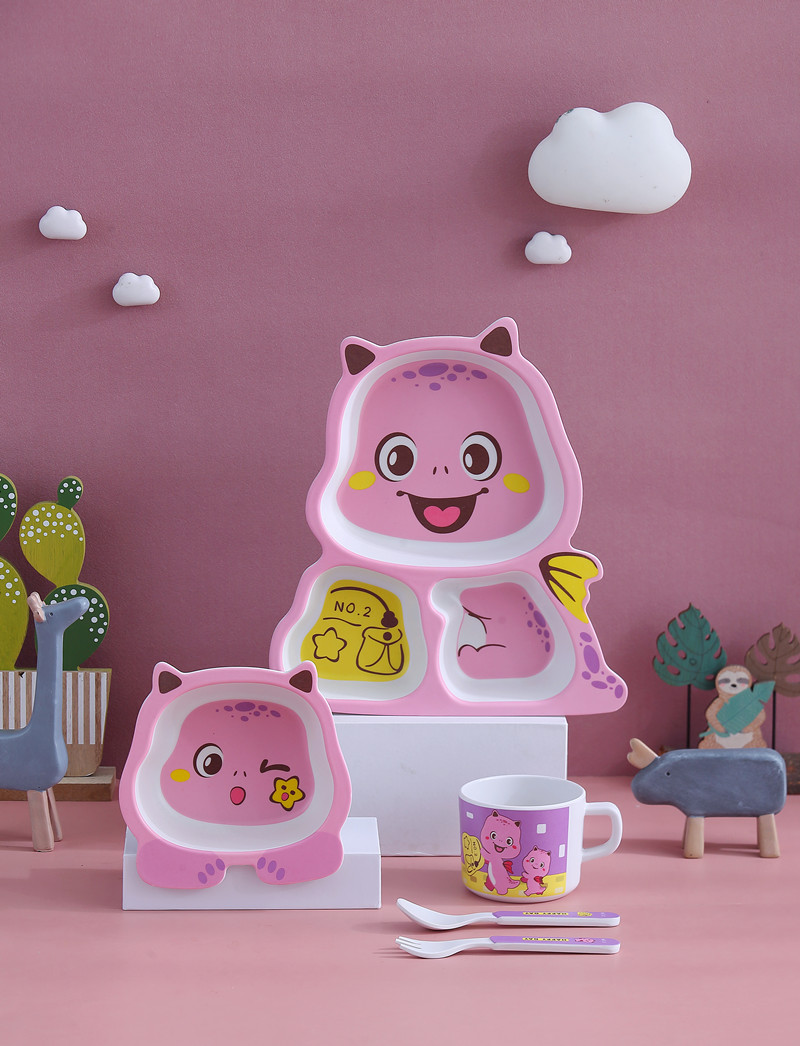 Creative Bamboo Fiber Environmental Protection Children Dinosaur Tableware Cartoon Bowl Plate Spork Cup Set Compartment Machine Gift Gift Box