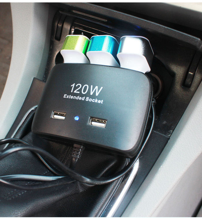 Car cigarette lighter 120W high power double USB into three vehicle power splitter auto supplies