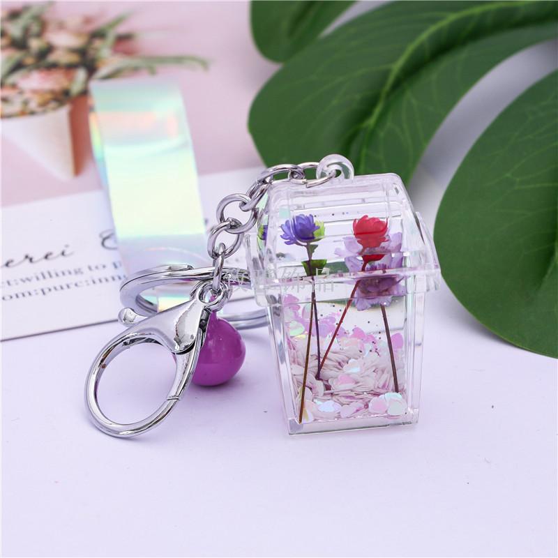 Acrylic environment-friendly dustbin dried flowers into liquid oil quicksand key chain creative car key chain bag pendant