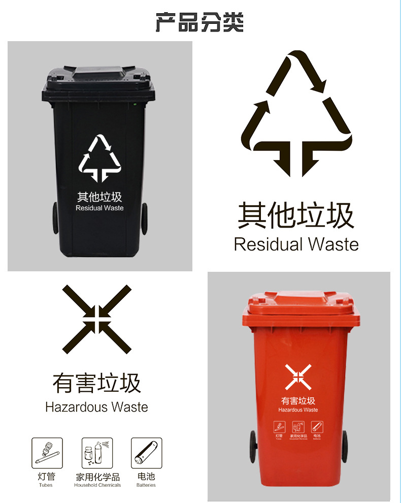 New National Standard Large Four-Color Plastic Sorting Trash Bin Outdoor Industrial Dustbin with Wheels 120 240L Wholesale New National Standard Large Four-Color Plastic Sorting Trash Bin Outdoor Industrial Dustbin with Wheels 120 240L Wholesale