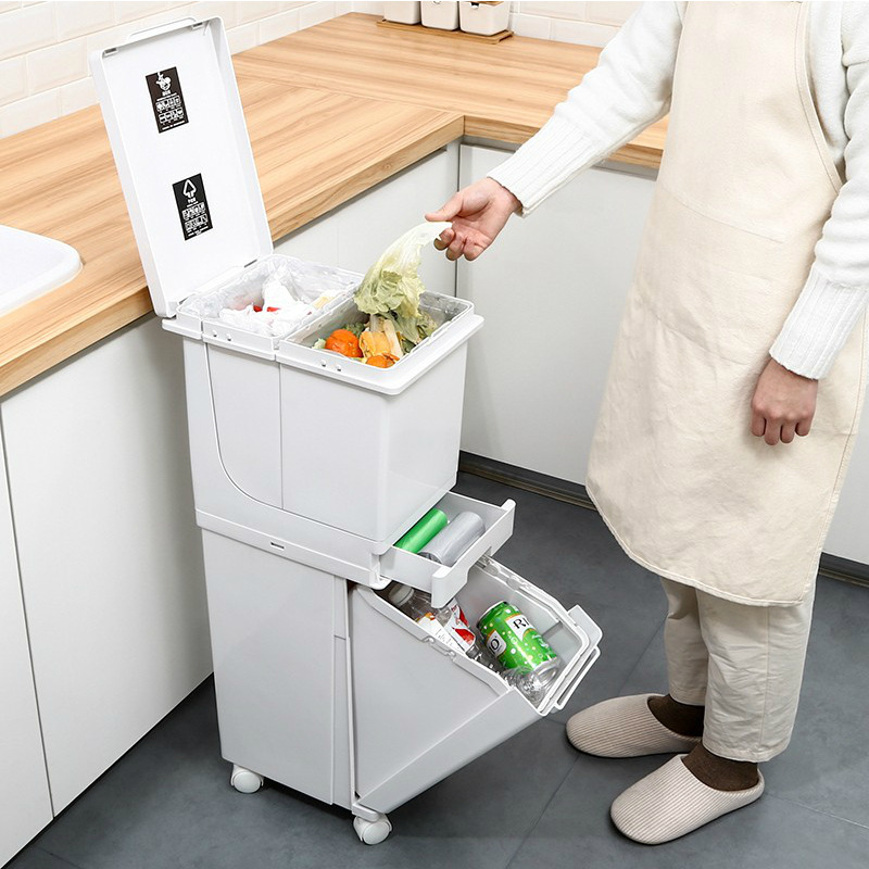 Kitchen Double Layer Sorting Trash Bin Large Capacity Press Type Dustbin with Pulley with Lid Dry Wet Separation Trash Can