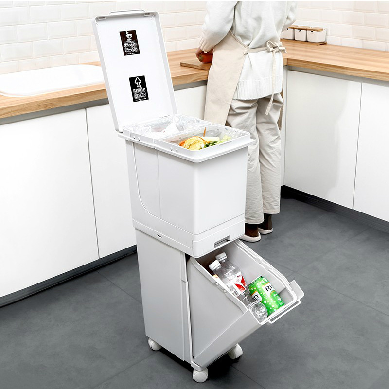 Kitchen Double Layer Sorting Trash Bin Large Capacity Press Type Dustbin with Pulley with Lid Dry Wet Separation Trash Can