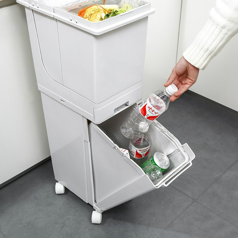 Kitchen Double Layer Sorting Trash Bin Large Capacity Press Type Dustbin with Pulley with Lid Dry Wet Separation Trash Can