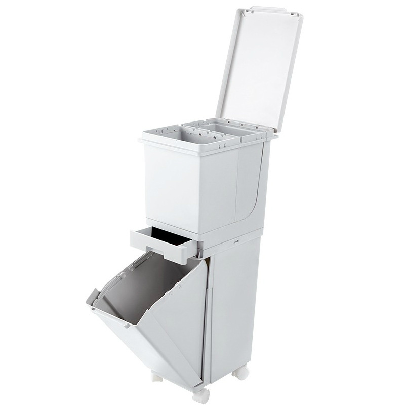 Kitchen Double Layer Sorting Trash Bin Large Capacity Press Type Dustbin with Pulley with Lid Dry Wet Separation Trash Can