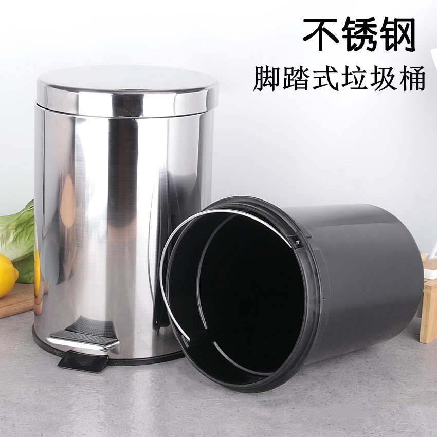 Factory Stainless Steel Trash Can Thickened Pedal Barrel round Household Bucket Hong Kong-Style Dustbin Waste bins