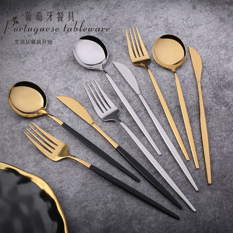 L Stainless steel knife, fork and spoon, podcast, Black and gold Western steak set Light knife and fork and piece gift set