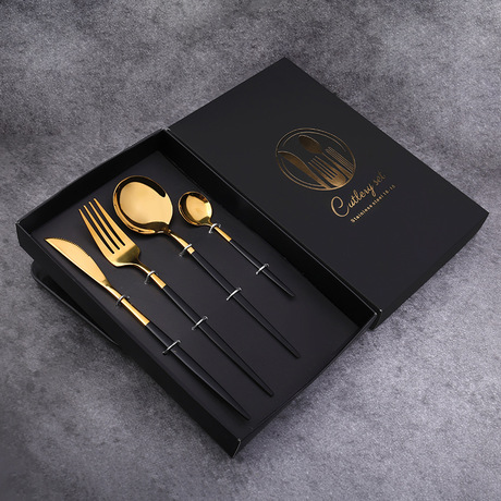 L Stainless steel knife, fork and spoon, podcast, Black and gold Western steak set Light knife and fork and piece gift set