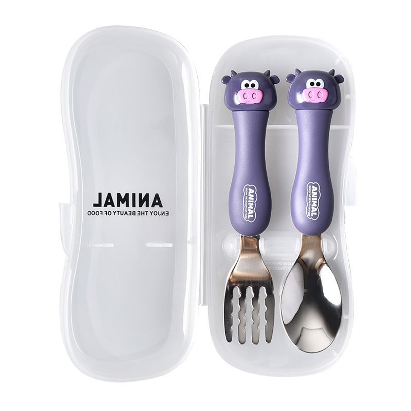Travel Portable Dcs2044 Cartoon Calf Cartoon Tableware Fork Spoon Set Stainless Steel 304 Children&#039;s Tableware with Box