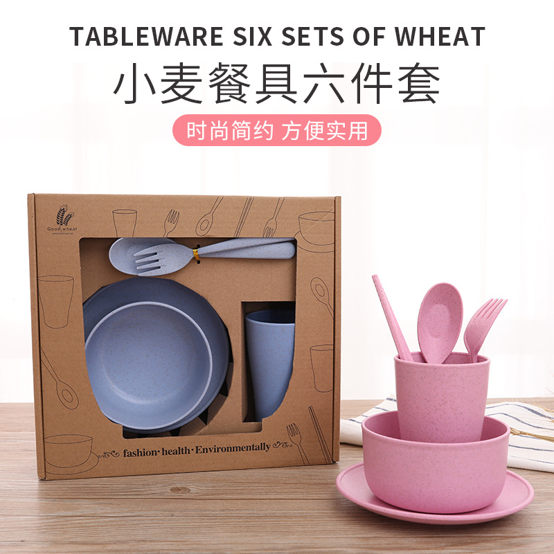 Wheat Straw Tableware Six-Piece Set Children Fork and Spoon Chopsticks Creative Bowl Dish &amp; Plate Set Portable Gift Tableware Wholesale