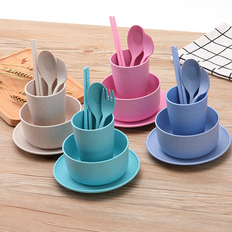 Wheat Straw Tableware Six-Piece Set Children Fork and Spoon Chopsticks Creative Bowl Dish &amp; Plate Set Portable Gift Tableware Wholesale