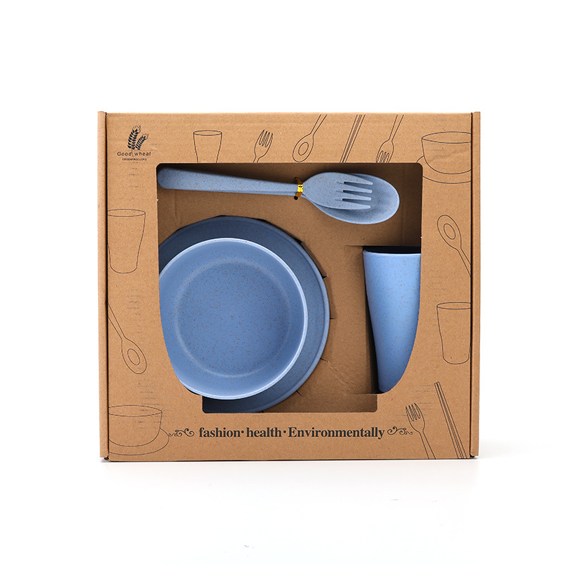 Wheat Straw Tableware Six-Piece Set Children Fork and Spoon Chopsticks Creative Bowl Dish &amp; Plate Set Portable Gift Tableware Wholesale