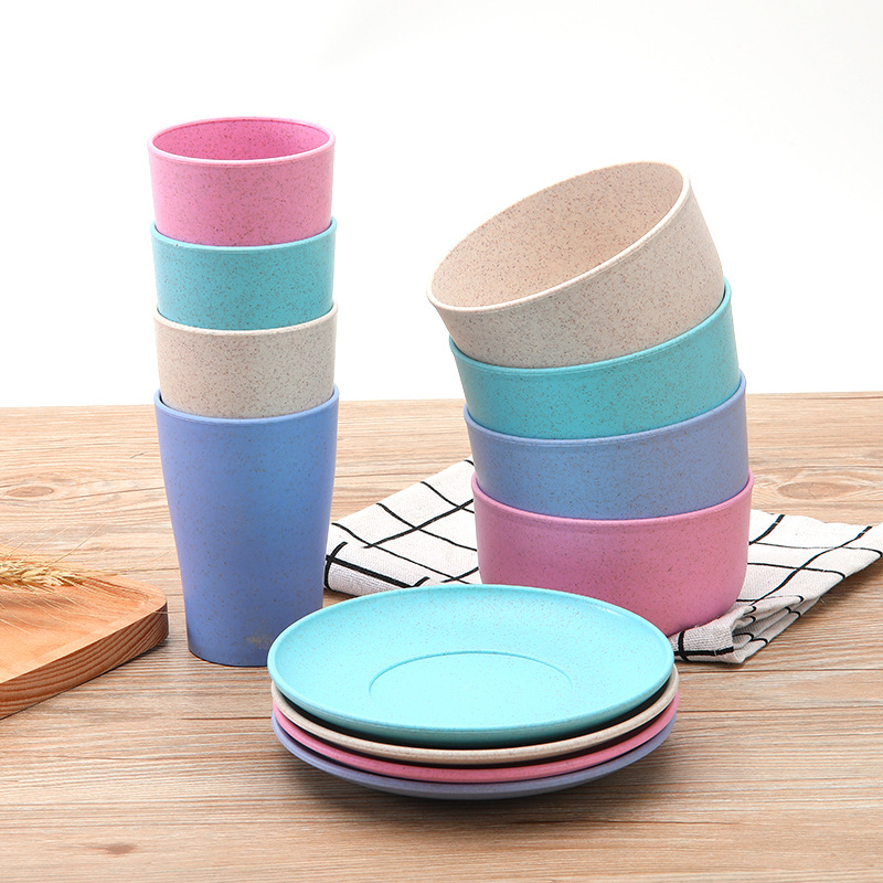 Wheat Straw Tableware Six-Piece Set Children Fork and Spoon Chopsticks Creative Bowl Dish &amp; Plate Set Portable Gift Tableware Wholesale