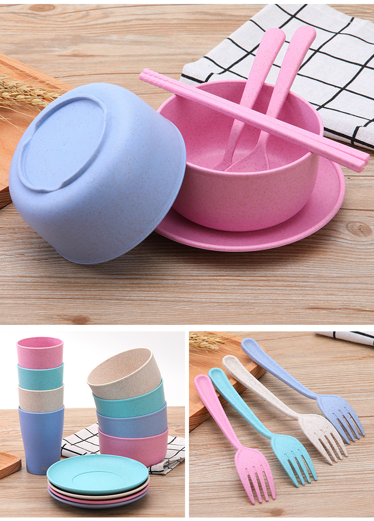 Wheat Straw Tableware Six-Piece Set Children Fork and Spoon Chopsticks Creative Bowl Dish & Plate Set Portable Gift Tableware Wholesale