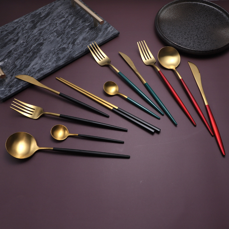 Wholesale 304 Titanium-Plated Portuguese Tableware Western-Style Four-Piece European-Style Hotel Supplies Coffee Spoon Steak Knife and Fork Spoon