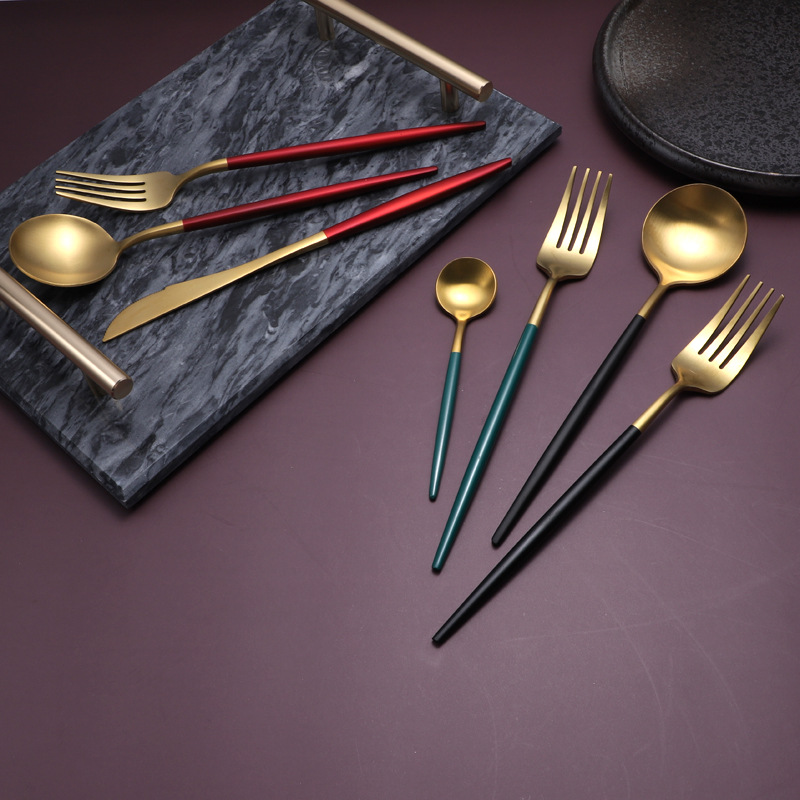 Wholesale 304 Titanium-Plated Portuguese Tableware Western-Style Four-Piece European-Style Hotel Supplies Coffee Spoon Steak Knife and Fork Spoon