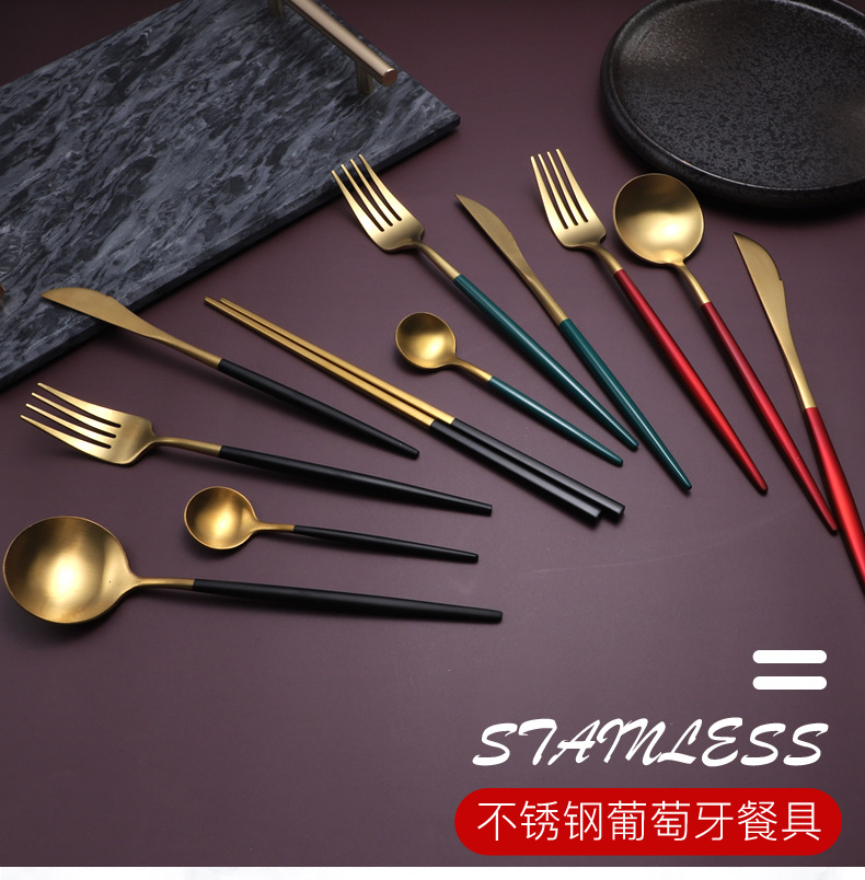 Wholesale 304 Titanium-Plated Portuguese Tableware Western-Style Four-Piece European-Style Hotel Supplies Coffee Spoon Steak Knife and Fork Spoon Wholesale 304 Titanium-Plated Portuguese Tableware Western-Style Four-Piece European-Style Hotel Supplies Coffee Spoon Steak Knife and Fork Spoon