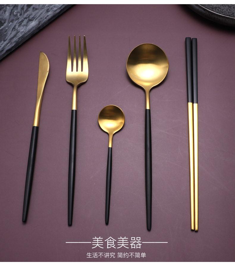Wholesale 304 Titanium-Plated Portuguese Tableware Western-Style Four-Piece European-Style Hotel Supplies Coffee Spoon Steak Knife and Fork Spoon Wholesale 304 Titanium-Plated Portuguese Tableware Western-Style Four-Piece European-Style Hotel Supplies Coffee Spoon Steak Knife and Fork Spoon