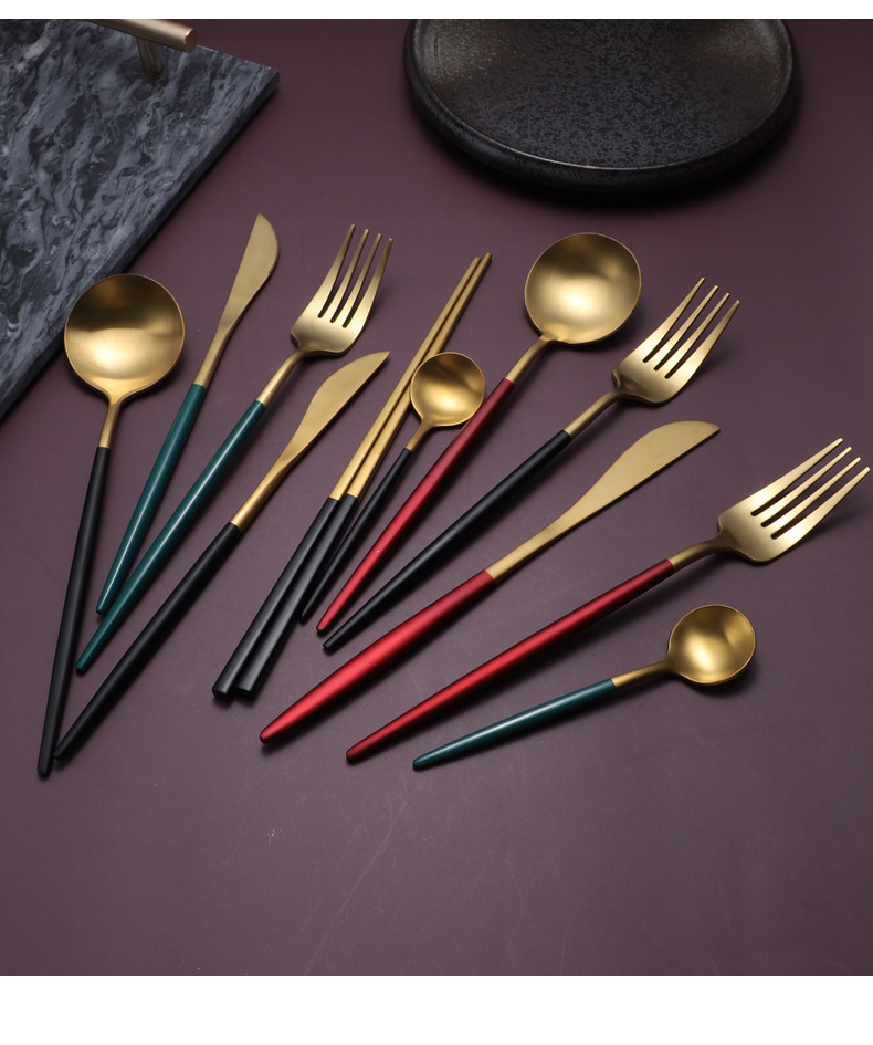 Wholesale 304 Titanium-Plated Portuguese Tableware Western-Style Four-Piece European-Style Hotel Supplies Coffee Spoon Steak Knife and Fork Spoon Wholesale 304 Titanium-Plated Portuguese Tableware Western-Style Four-Piece European-Style Hotel Supplies Coffee Spoon Steak Knife and Fork Spoon
