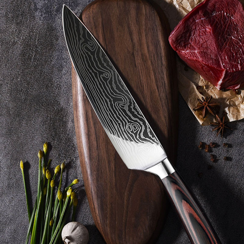 Damascus Laser Pattern Stainless Steel Knife Santoku Knife Chef Knife Kitchen Knife Set Foreign Trade Knife Fruit Knife Meat Fork