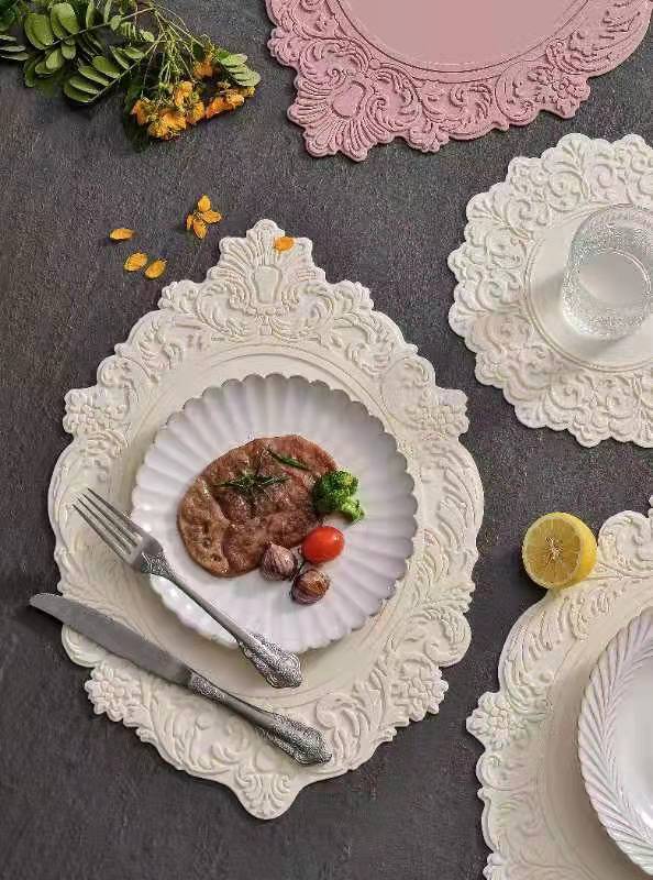 Nordic Style Korean Placemat Silicone Thermal Insulation Pad Photo Frame Decoration round Lace Silica Gel Pad Wedding
