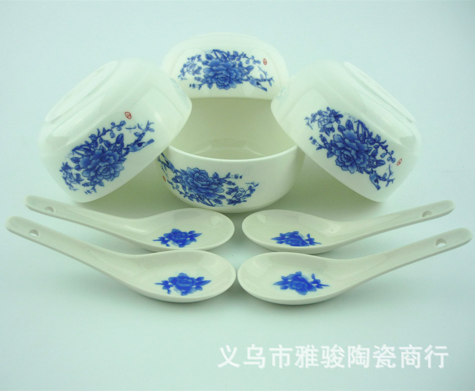 Chun blue and white porcelain ceramic bowl four four tablespoons daily gift gift set high-grade gift items Chun blue and white porcelain ceramic bowl four four tablespoons daily gift gift set high-grade gift items