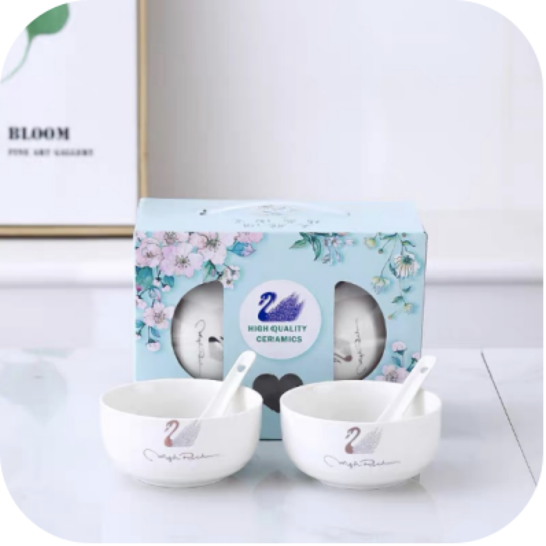 Swan Ceramic 2 Bowl 2 Spoon Color Box Gift Box Packaging