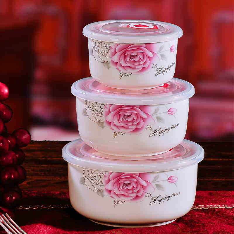 Fresh-Keeping Bowl Three-Piece Set Microwave Lunch Box Fresh-Keeping Box Ceramic Bowl Bento Box Sealed Box Noodle Bowl