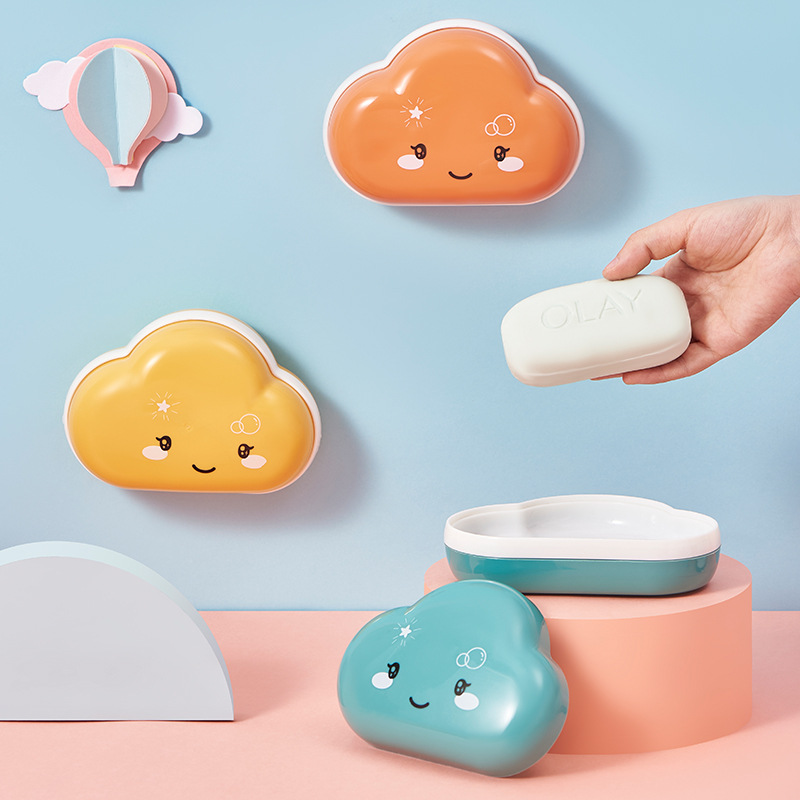New Cute Cartoon Cloud Fat Soap Box Draining Hollow Soap Box with Lid Toilet Bathroom Soap Rack
