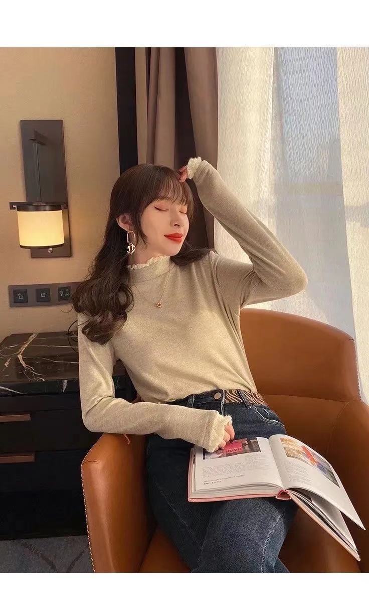 Double-Sided Dralon Toothpick Bottoming Shirt Women's Half Turtleneck Autumn and Winter Fleece Long Sleeve T-shirt Lace Western Style Inner Wear Top Double-Sided Dralon Toothpick Bottoming Shirt Women's Half Turtleneck Autumn and Winter Fleece Long Sleeve T-shirt Lace Western Style Inner Wear Top