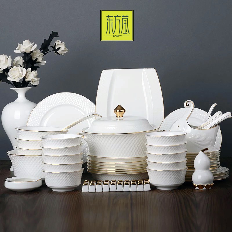 Bone China Gold Rimmed Tableware Bone China Inlaid Golden Edge Tableware Set High-Grade Ceramic Tableware Set Porcelain Bowl Ceramic Plate