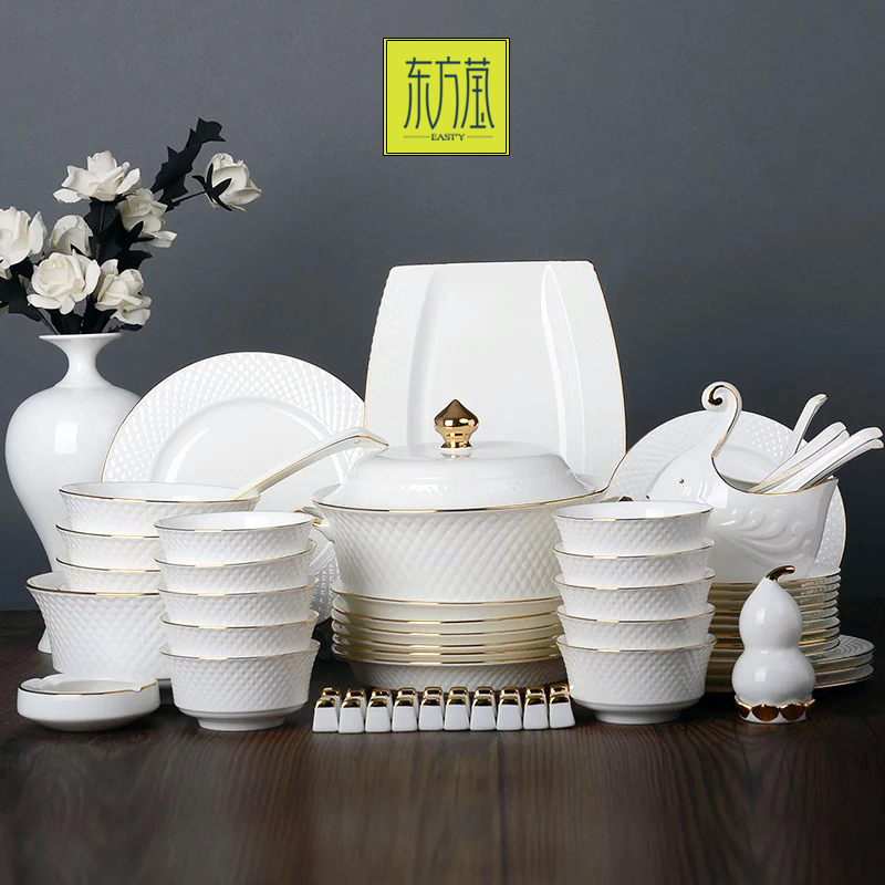 Bone China Gold Rimmed Tableware Bone China Inlaid Golden Edge Tableware Set High-Grade Ceramic Tableware Set Porcelain Bowl Ceramic Plate