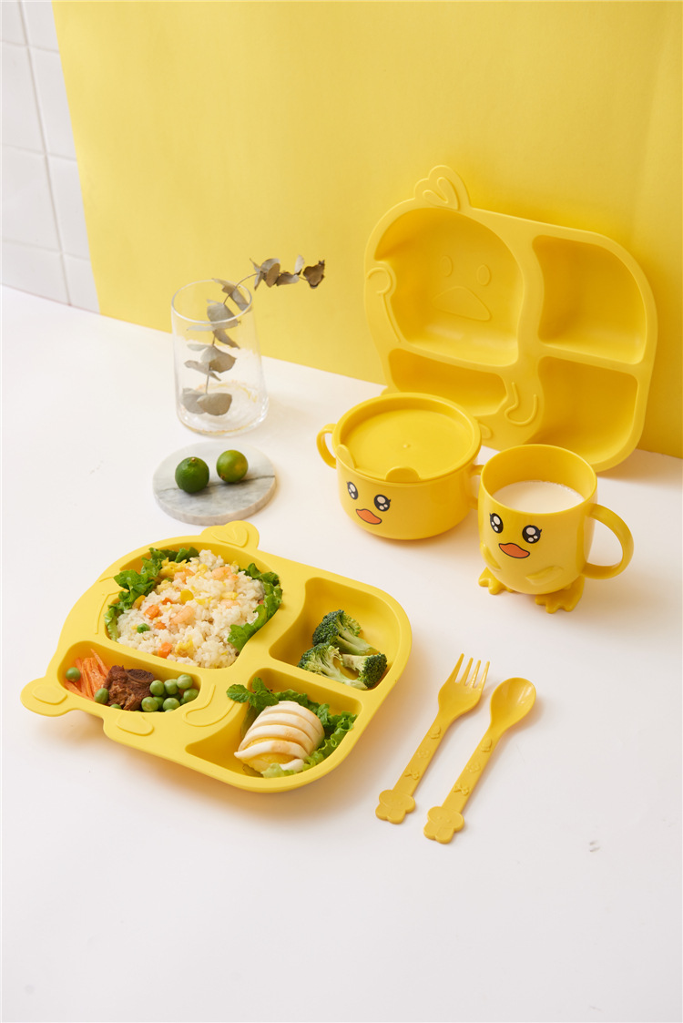 Household Small Yellow Duck Children's Tableware Set Cute Cartoon Grid Drop-Resistant Plate Spork Combination Household Small Yellow Duck Children's Tableware Set Cute Cartoon Grid Drop-Resistant Plate Spork Combination