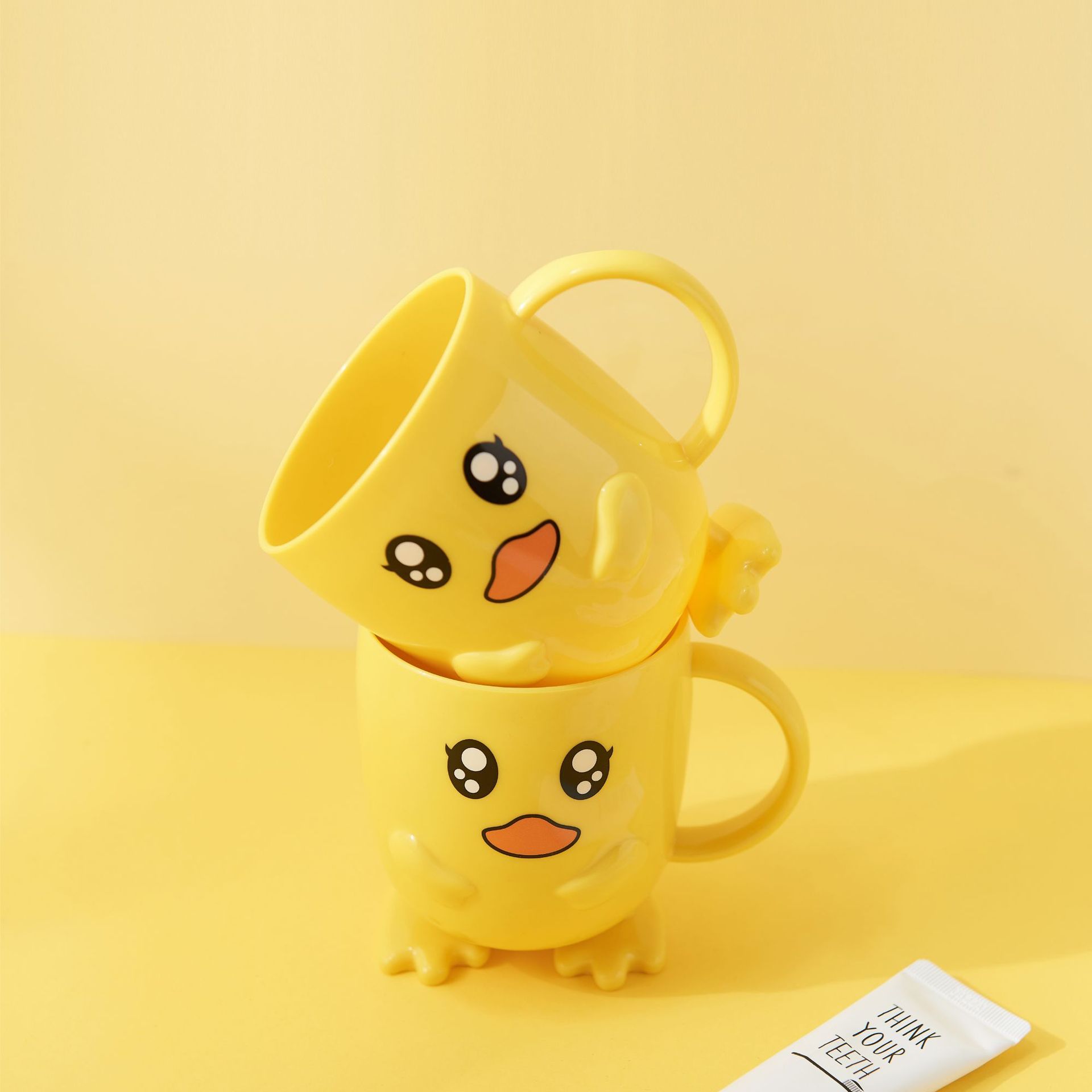 Household Small Yellow Duck Children&#039;s Tableware Set Cute Cartoon Grid Drop-Resistant Plate Spork Combination