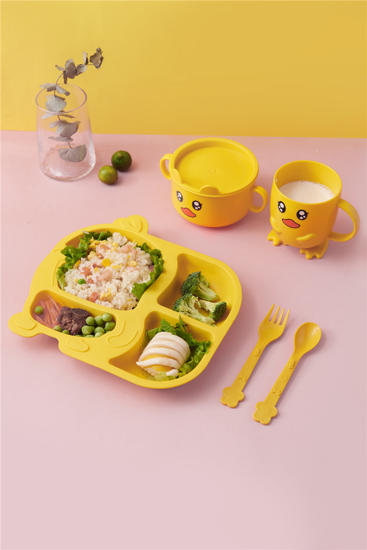Household Small Yellow Duck Children's Tableware Set Cute Cartoon Grid Drop-Resistant Plate Spork Combination Household Small Yellow Duck Children's Tableware Set Cute Cartoon Grid Drop-Resistant Plate Spork Combination