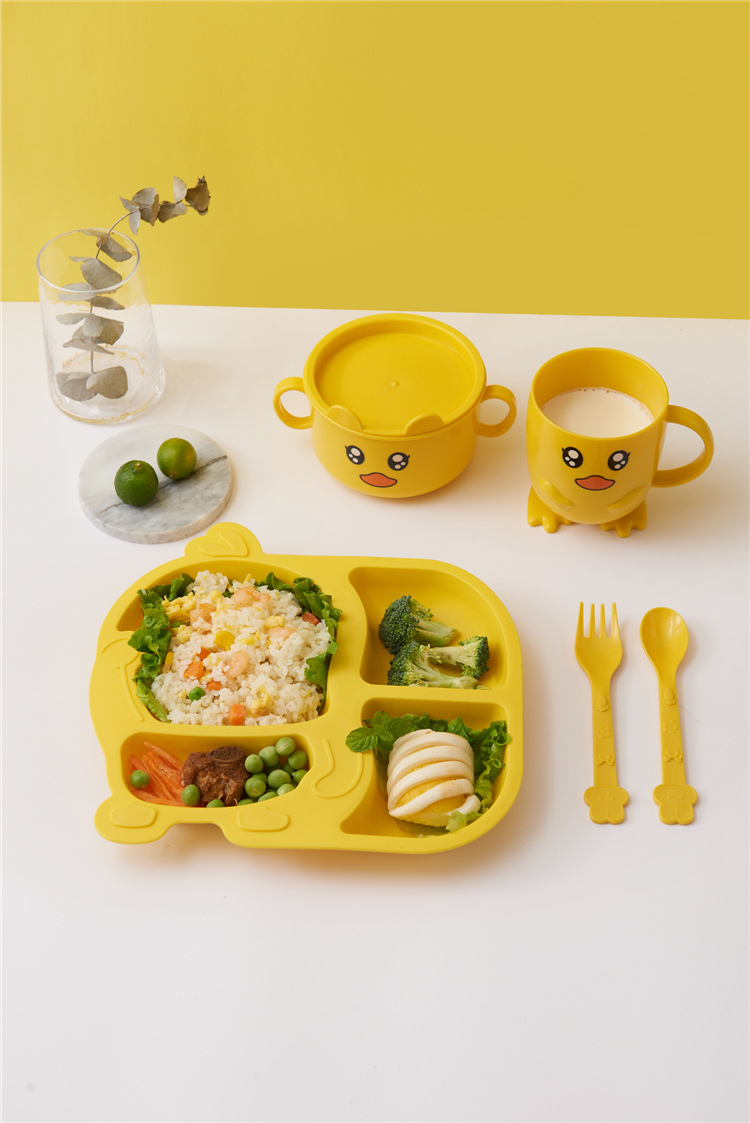 Household Small Yellow Duck Children's Tableware Set Cute Cartoon Grid Drop-Resistant Plate Spork Combination Household Small Yellow Duck Children's Tableware Set Cute Cartoon Grid Drop-Resistant Plate Spork Combination