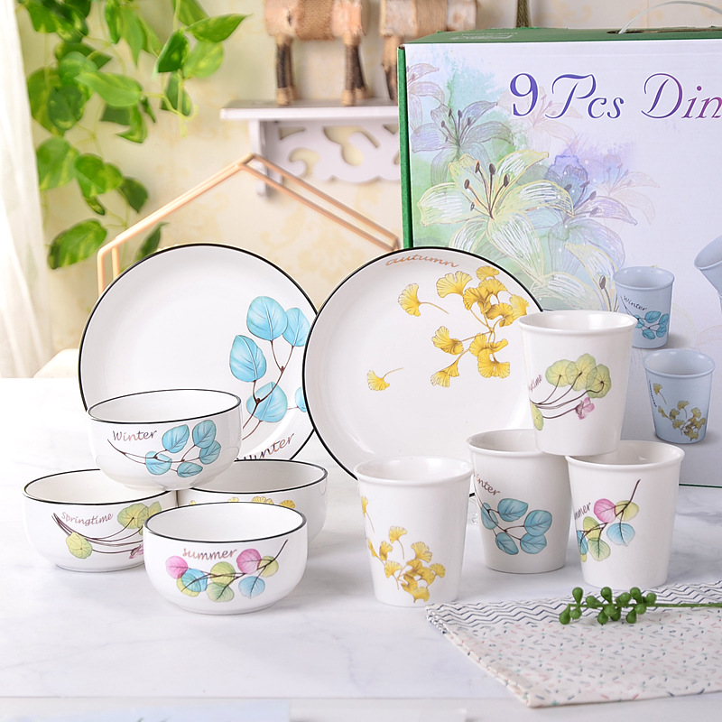 Bowl Cup Plate Nordic Ceramic Tableware Suit 9-Piece Set Festival Gift Bowl Set Gift Box Packaging Gift Customization