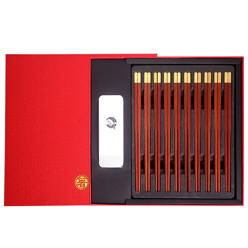 Ten Pairs Gift Commercial Chinese Style Tableware Chopsticks Gift Box Door Frame Red Sandalwood Solid Wood Chopsticks Carved Logo