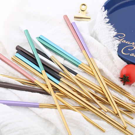 Exclusive for Cross-Border 304 Stainless Steel Full Taper Chopsticks Gold-Plated Hollow Non-Slip Square Chopsticks 23cm Gold-Plated Chopsticks