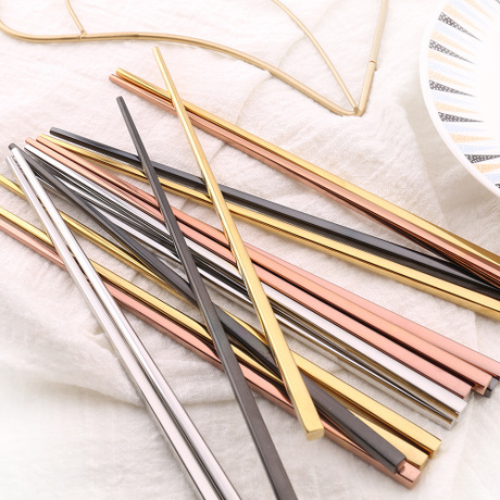 Exclusive for Cross-Border 304 Stainless Steel Full Taper Chopsticks Gold-Plated Hollow Non-Slip Square Chopsticks 23cm Gold-Plated Chopsticks