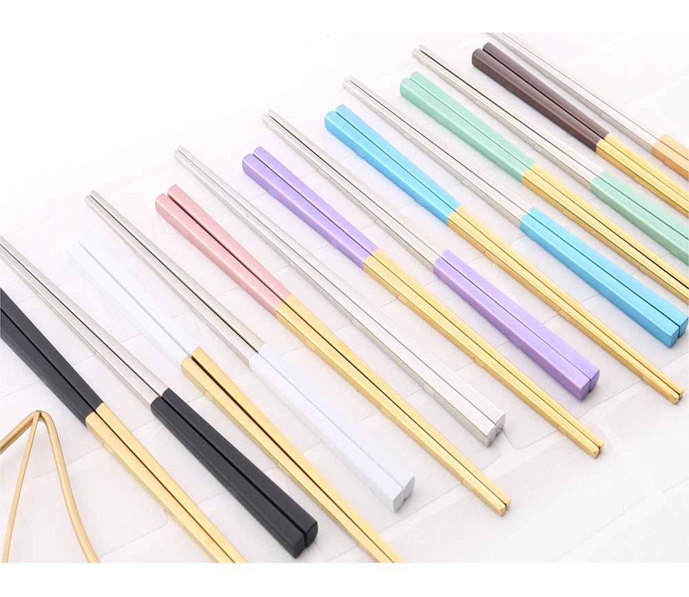 Exclusive for Cross-Border 304 Stainless Steel Full Taper Chopsticks Gold-Plated Hollow Non-Slip Square Chopsticks 23cm Gold-Plated Chopsticks