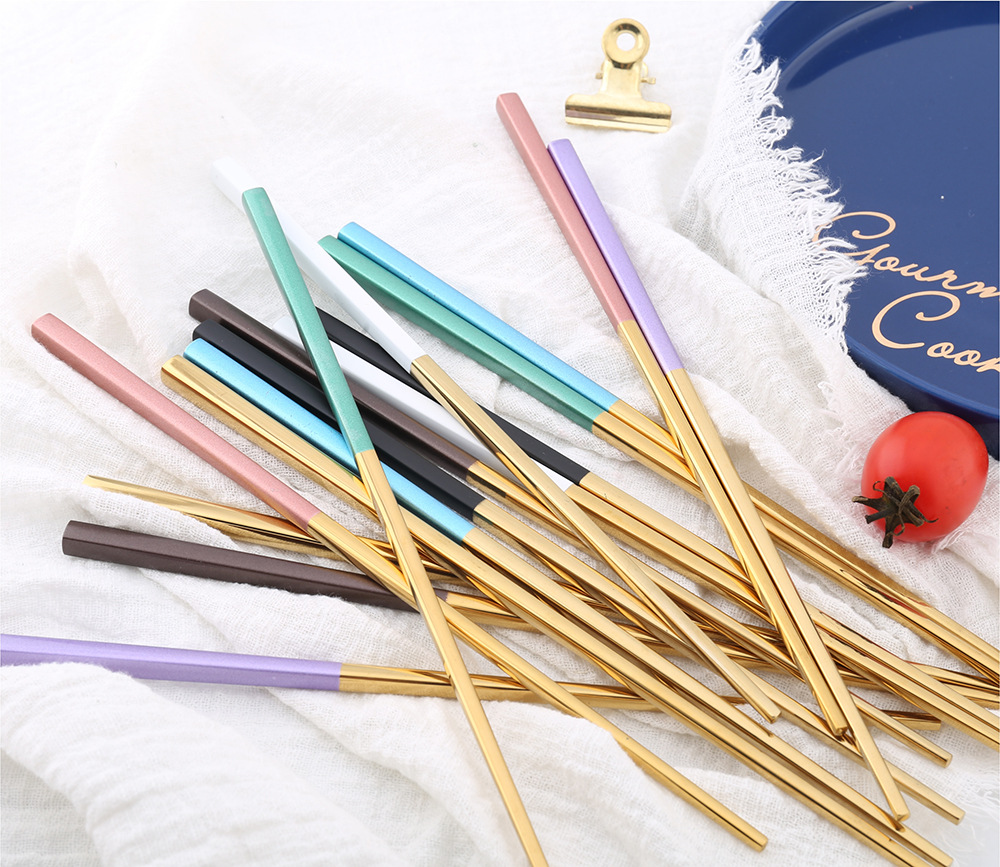 Exclusive for Cross-Border 304 Stainless Steel Full Taper Chopsticks Gold-Plated Hollow Non-Slip Square Chopsticks 23cm Gold-Plated Chopsticks